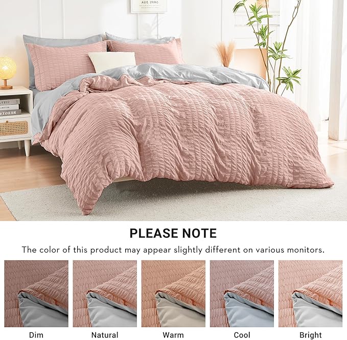 HYMOKEGE Rose Gold/Light Grey California King Comforter Set Seersucker 7 Pieces, All Season Luxury Bed in a Bag for Bedroom, Bedding Set with Comforter, Sheets, Pillowcases & Shams