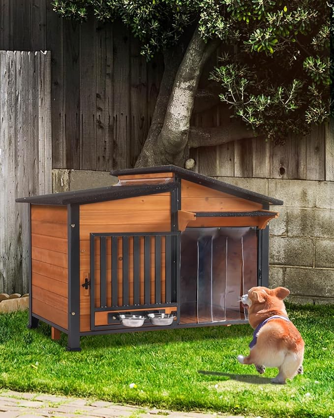 Dog House Outdoor with Bowls Weatherproof Dog Kennel with Anti-Chewing Iron Frame Dog Shelter for Small Medium Dogs-Mewly Pet