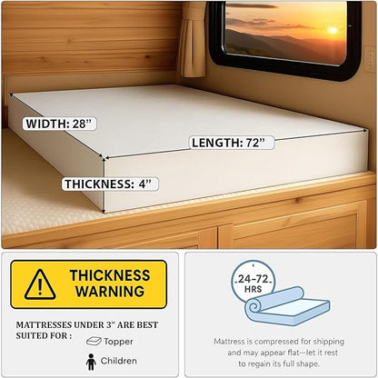 Foamma 4" x 28" x 72" High Density RV Bunk Mattress Replacement, Firm, Durable, Premium Comfort, USA Made, No Cover