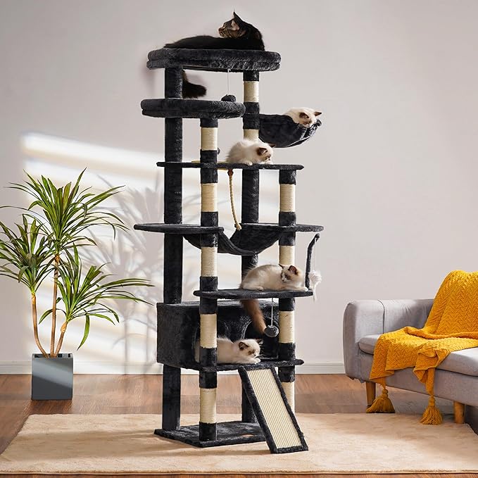 Heybly Tall Cat Tree, 78-inch Multi-Level Cat Tower for Indoor Cats, 2 Widened Plush Perches Cat Condo with Scratching Board and Big Caves, Smoky Gray HCT033G-Mewly Pet