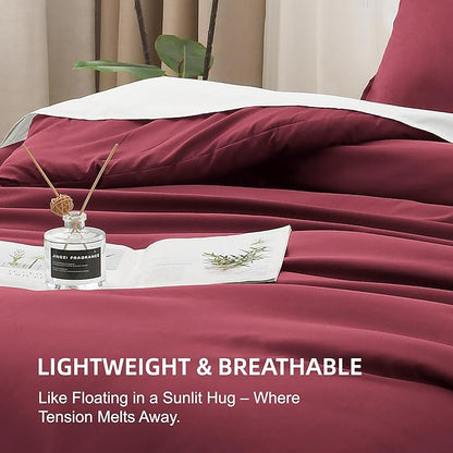 Litanika Burgundy Red Comforter Set Full Size, 3 Pieces Lightweight Solid Bedding Comforter Set, All Season Fluffy Bed Set (79x90In Comforter & 2 Pillowcases)