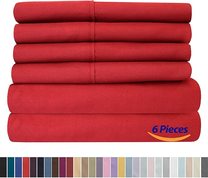 Sweet Home Collection 6 Piece 1500 Supreme Collection Brushed Microfiber Deep Pocket Sheet Set-2 Extra Pillow Cases, Great Value, Split King, Samba Red