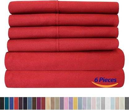 Sweet Home Collection 6 Piece 1500 Supreme Collection Brushed Microfiber Deep Pocket Sheet Set-2 Extra Pillow Cases, Great Value, Split King, Samba Red