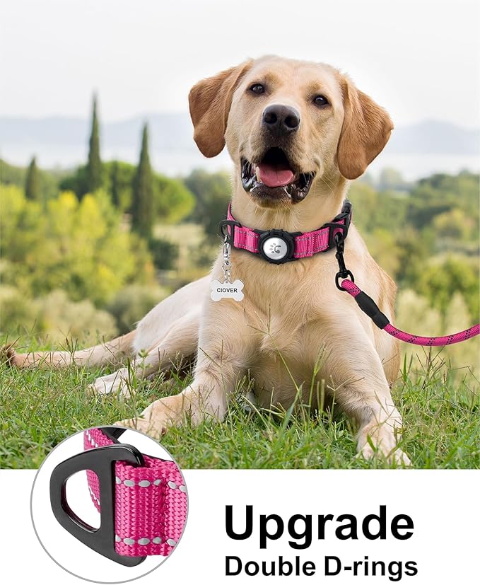 TagME Airtag Dog Collar,Waterproof Reflective Pet Collar with Airtag Holder,Soft Padded and Double D-Rings for Large Dogs,Hot Pink-Mewly Pet