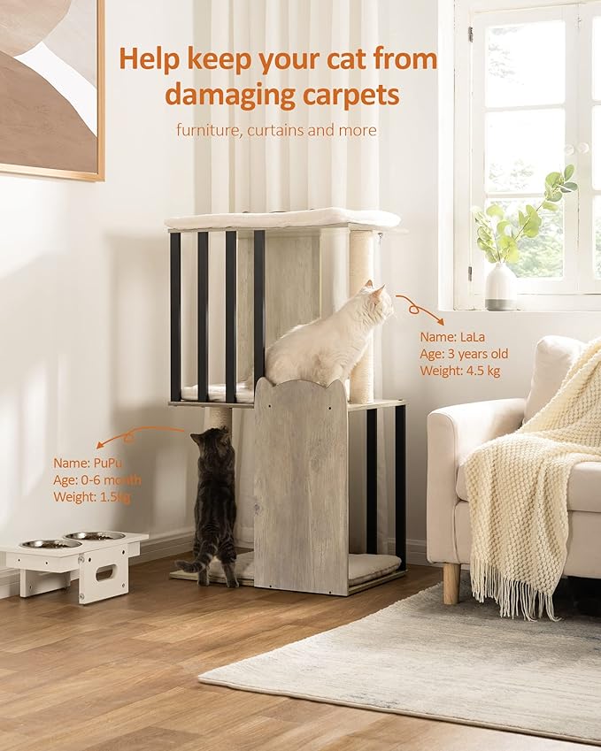 FourFurPets 43.8in 3-Tier Modern Cat Tree Tower Condo, Cat Scratch Posts for Indoor Cats, Big Plate, Two 19.7in Full Sisal Scratching Posts, Greige-Mewly Pet