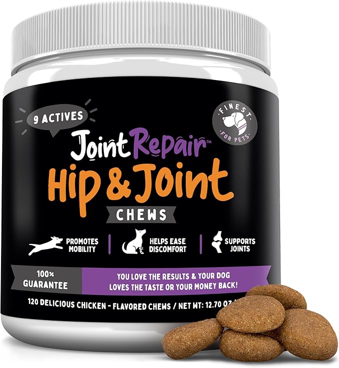 Joint Repair Hip and Joint Chews for Dogs - Finest for Pets Glucosamine, Chondroitin, MSM, Omega 3 & Turmeric for Dog Joint Support, Mobility & Pain Relief - (120 Chicken Flavored Chews, Made in USA)-Mewly Pet