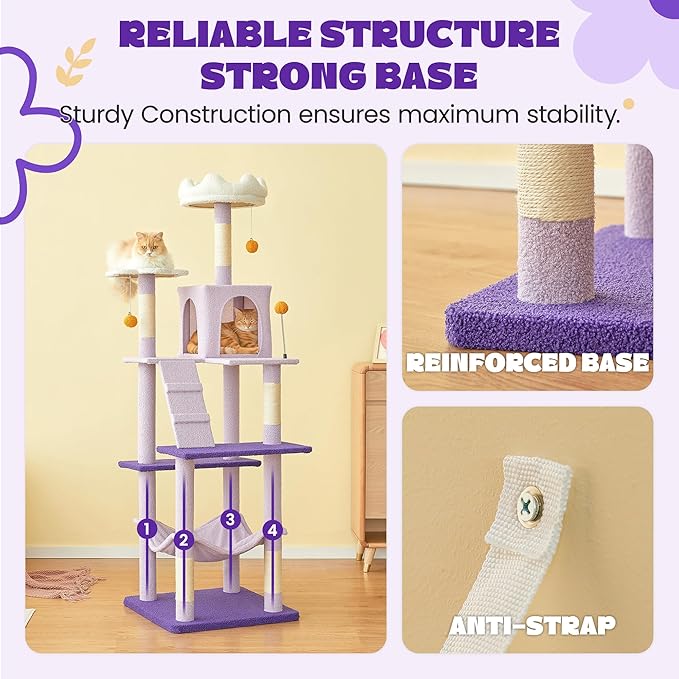 MWPO Flower Large Cat Tree, 70.1-Inch Multi-Level Tall Cat Tower for Indoor Cats, Plush Cat Condo with Big Padded Perches, Sisal-Covered Scratching Posts, Hammock, Toys for Kittens & Cats-Mewly Pet