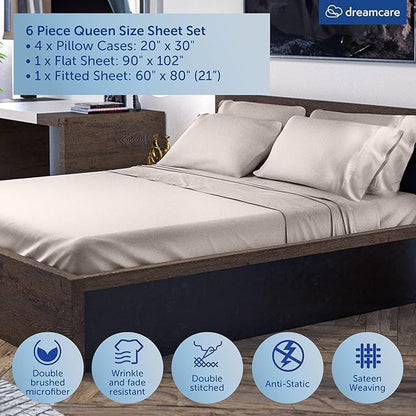 DREAMCARE Queen Sheet Set – 6 pcs Cooling Bed Sheets – up to 21” Deep Pocket Queen Sheets Set – 2500 Supreme Collection – Extra Soft 100% Brushed Microfiber Hotel Luxury with Side Pocket – Beige