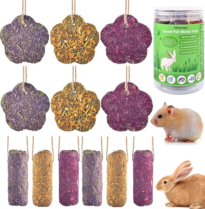 Bissap 12PCS Rabbit Chew Sticks, Hanging Chew Sticks & Cakes Timothy Hay Carrot Strawberry Treat for Bunny Chinchilla Guinea Pig Hamster and Other Small Pets Molar Snack Toy-Mewly Pet