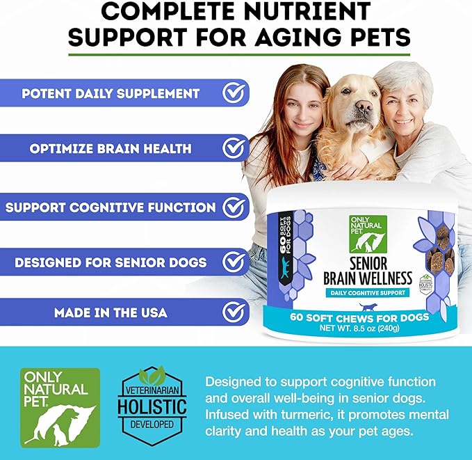 ONLY NATURAL PET Senior Brain Wellness Dog Chews - Small, Medium & Large Breeds, Toothless & Geriatric Dogs, Soft Chicken & Bacon Flavor Snacks, Baked Treats - 60 Count-Mewly Pet