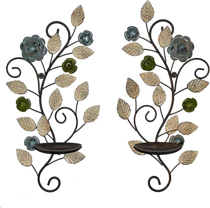 Wall Sconces Candle Holder Set of 2, Antique Multi-Color Leaf Branch Wall Mount Hanging Metal Wall Candle Holder Candle Sconce for Living Room Dining Room