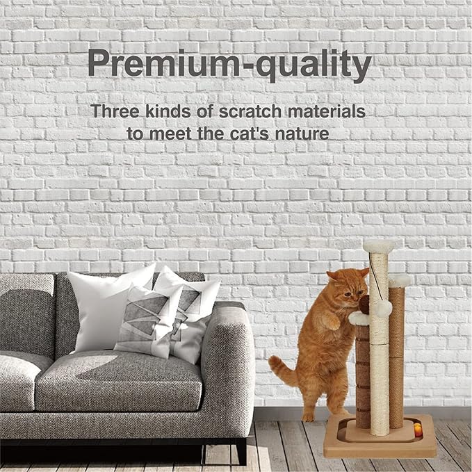 Cat Scratching Post Premium Natural Sisal Jute Carpet 3 Scratch Posts with Interactive Track Ball Base and Hanging Balls Toys Kitten Scratcher for Indoor Kittens and Small Cats-Mewly Pet