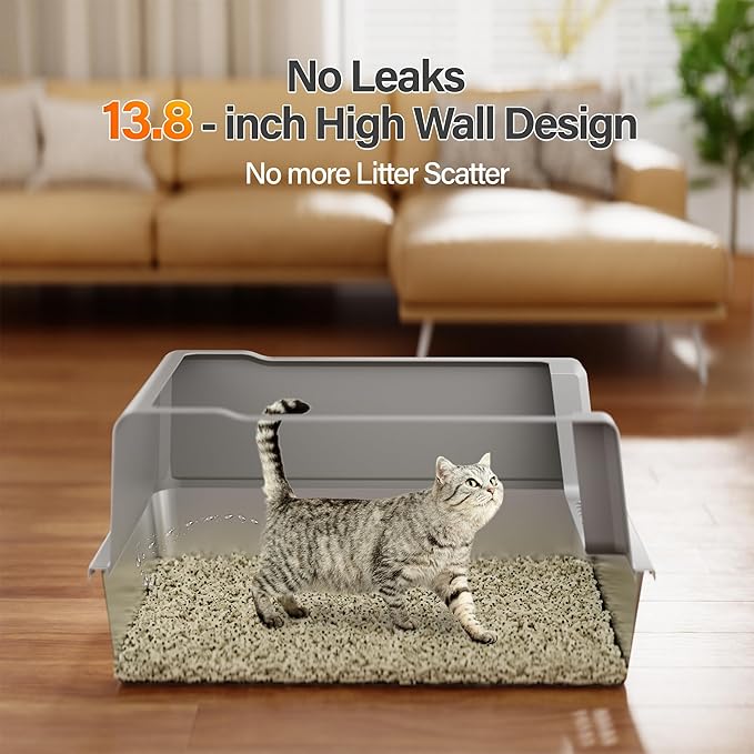 Stainless Steel Jumbo Open Cat Litter Box, XXXL 28"x20.5"x14" for Large Cats & Multi-Cat Households, Anti-Leakage High Walls & Non-Slip Base, Non-Sticky, Easy Clean Durable Metal Litter Pan-Mewly Pet