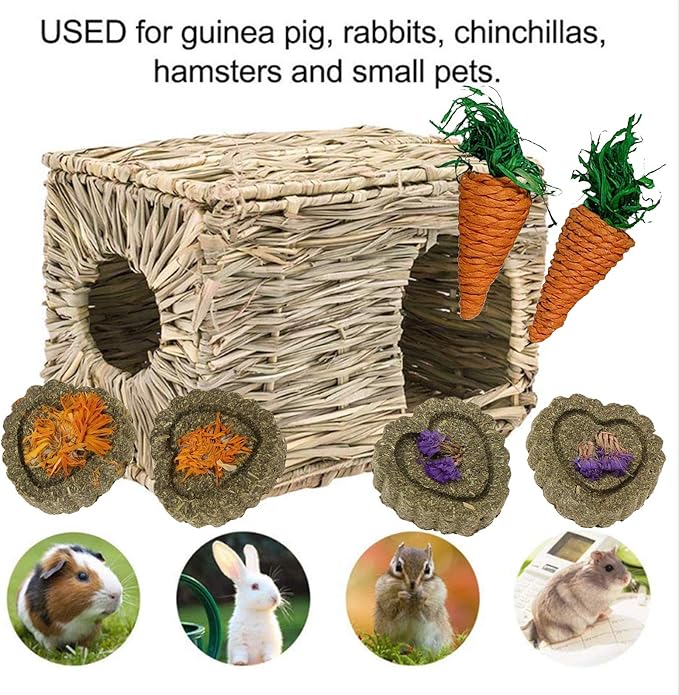 kathson 2 Pcs Rabbit Grass House Natural Foldable Hand Woven Seagrass Bed Carrot Hay Toy Hut Safe Comfortable Playhouse with Bunny Chew Toys for Bunny Hamster Guinea Pig Chinchilla Ferret-Mewly Pet