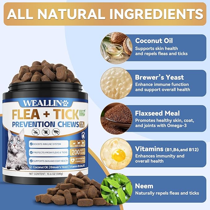 Flea and Tick Prevention for Cats, 200 Soft Chews for Fleas Treatment for Cats, Natural Cat Oral Flea Chewables Support Supplement, Flea and Tick Chews for All Breeds & Sizes-Mewly Pet