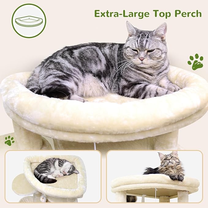 Globlazer Corner Cat Tree for Large Cats, 66inch Tall Curved Series Large Cat Tower for Multiple Indoor Cats with 6 Scratching Posts, 2 Spacious Cat Condos, Hammock, Hanging Basket, C66, Beige-Mewly Pet