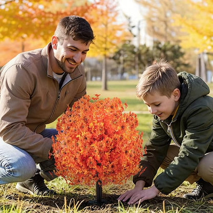 2 Pack 24" Artificial Fall Flowers Boxwood Topiary Ball Trees w/Ground Spike, UV Resistant Autumn Faux Orange Shrubs Bushes Boxwood Plant for Front Door Porch Patio Balcony Garden Yard Outdoor Decor