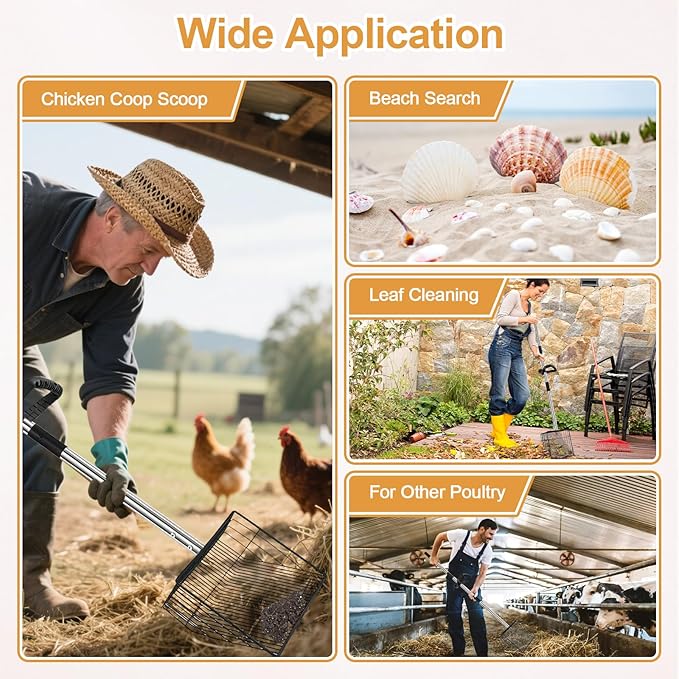 15" Chicken Poop Scooper & Rake, Metal Chicken Coop Scoop for Poop with 24 to 68" Adjustable Stainless Steel Handle, Litter Scooper Sifting Shovel Chicken Coop Accessories-Mewly Pet