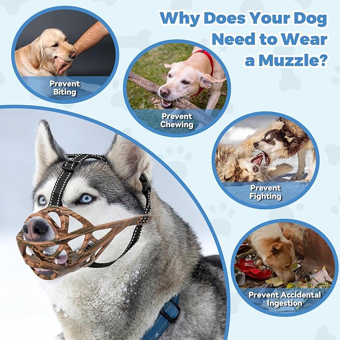 Dog Muzzle for Large Dogs, Breathable Basket Muzzles for Small, Medium and X-Large Aggressive Dog, Allows Panting Drinking, Suitable for Grooming Trimming Training (Camouflage Brown, M)-Mewly Pet