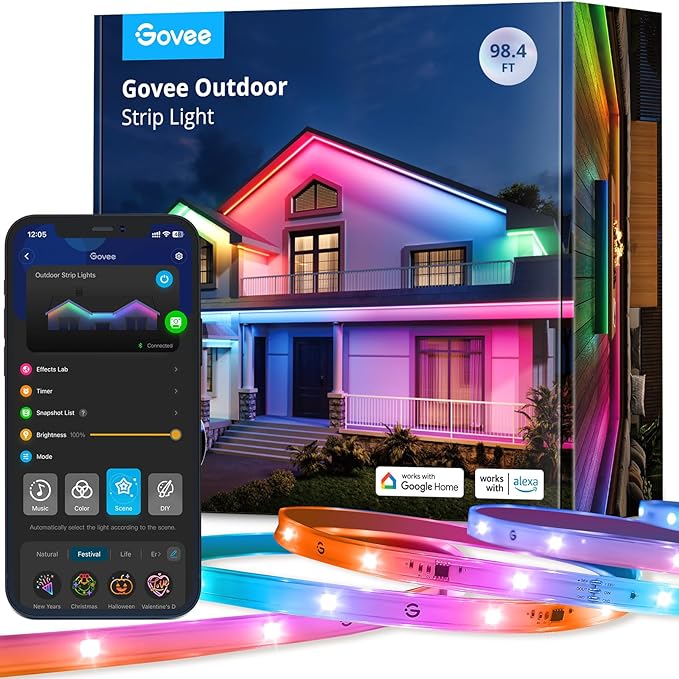 Govee Outdoor LED Strip Lights, 98.4ft Smart Outdoor Lights Work with Alexa and Google Assistant, App Control, IP65 Waterproof, RGBIC Lights for Patio, Eave, Party Decorations