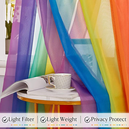 RYB HOME Rainbow Sheer Valance Curtains for Living Room - 2 Panels Bright Window Scarf Valance for Canopy Bed Patio Frame Birthday Party Backdrops Table Runner, W 60 in x L 216 in per Panel, Rainbow