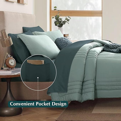 Monbix California King Size Comforter Set - 7 Pieces Bed in a Bag California King, Sage Green Bedding Sets, All Seasons Down Alternative Comforter Bed Set with Sheets, Pillowcases & Shams