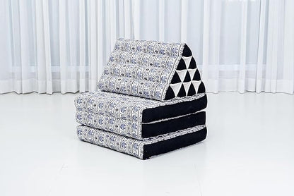 Leewadee - Comfortable Japanese Floor Mattress - Thai Floor Bed with Triangle Cushion - Futon Mattress - Thai Massage Mat, 67 x 21 inches, Blue White, Kapok Filling