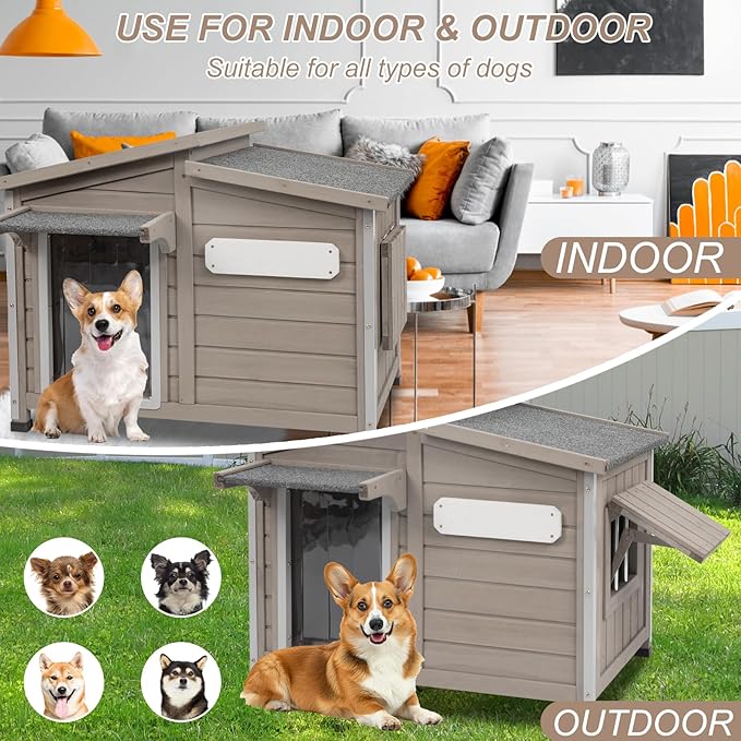 43" L Outdoor Extra Large Dog House with Removable Floor, Raised Feet, Anti-Chewing Iron Frame – Wooden Kennel with Asphalt Roof, Window for Indoor/Outdoor Use, Ideal for Medium to Large Dogs-Mewly Pet