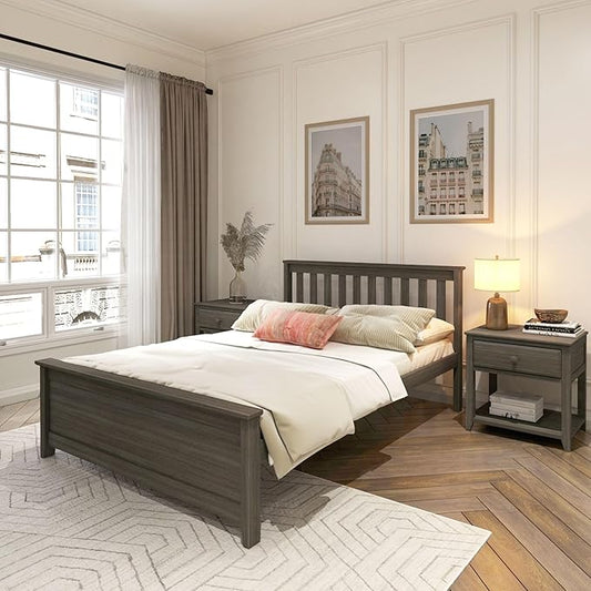 Plank+Beam Solid Wood Full Bed Frame, Platform Bed with Headboard, Clay