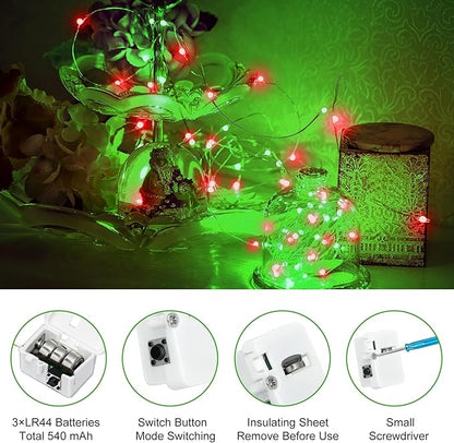 btfarm 30 Pack Fairy Lights Battery Operated [3 Modes], 7ft 20 Led Twinkle Lights String Lights Waterproof Bulk Small Mini Silver Wire for Christmas Mason Jars Wedding Table Centerpiece, Red Green