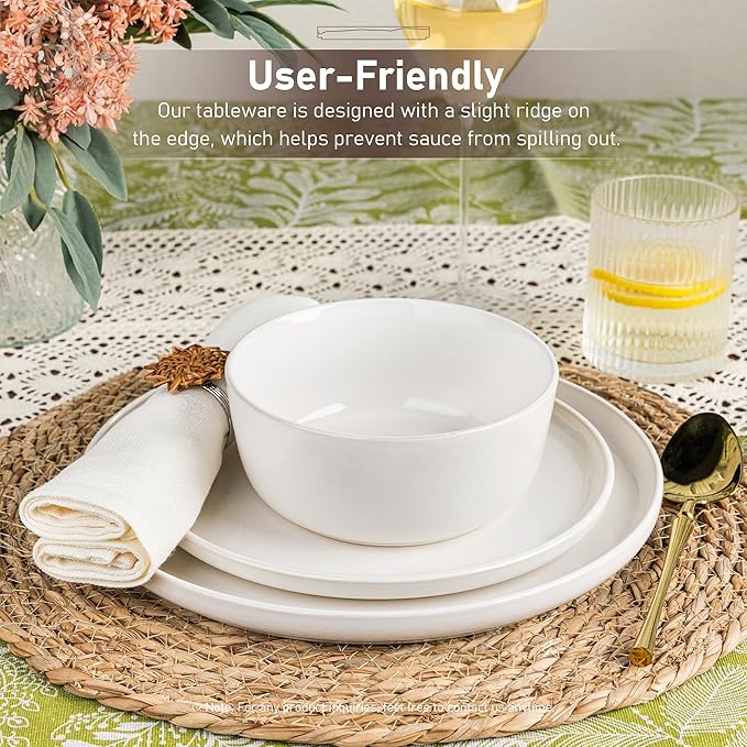 GBHOME Ceramic Dinnerware Sets for 4, 12 Pieces Stoneware Plates and Bowls Sets, Reactive Glaze Dishes -Scratch Resistant, Dishwasher&Microwave Safe-Star White-Mewly Pet