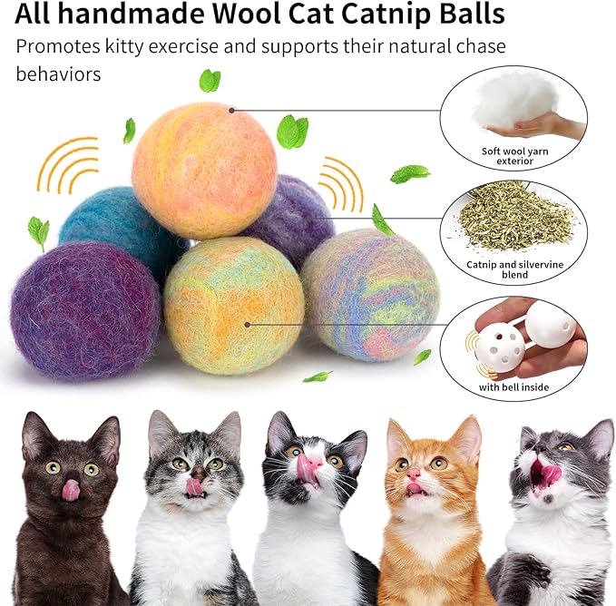 Retro Shaw Cat Toys Balls,Catnip Ball with Bell Inside,Wool Balls Toy with SilverVine Catnip Fill, Upgraded,Interactive Cat Nip Ball for Indoor Kitten Kitty 6 Pcs-Mewly Pet