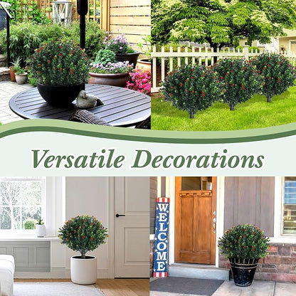 XunYee 4 Pcs 20" Artificial Topiary Ball Trees, Outdoor Artificial Shrubs Faux Bushes UV Resistance Greenery Fake Plants Tree with Ground Spike for Garden Porch Patio Indoor Decoration (Red Berries)