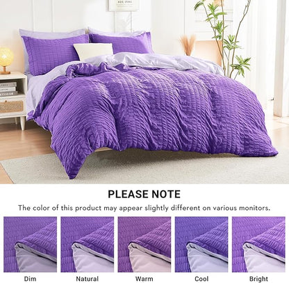 HYMOKEGE Dark Purple/Lavender King Size Comforter Set Seersucker 7 Pieces, All Season Luxury Bed in a Bag for Bedroom, Bedding Set with Comforter, Sheets, Pillowcases & Shams
