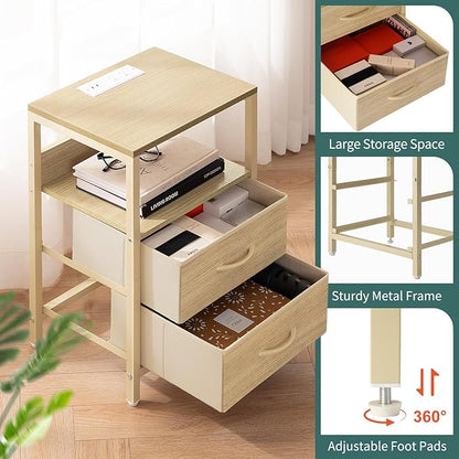 Yoobure Nightstand with Charging Station, Small Night Stand with Fabric Drawers and Storage Shelf for Bedrooms, Nightstands for Small Spaces, Bedside Table with USB Ports & Outlets, Bed Side Table