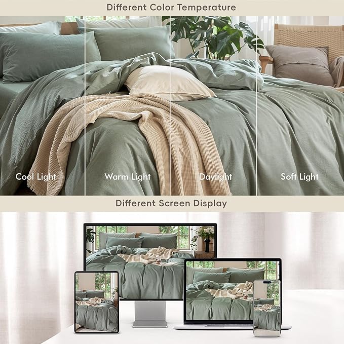 MooMee Bedding Duvet Cover Set 100% Washed Cotton Linen Like Textured Breathable Durable Soft Comfy (Heathered Green, Queen 90"x90")