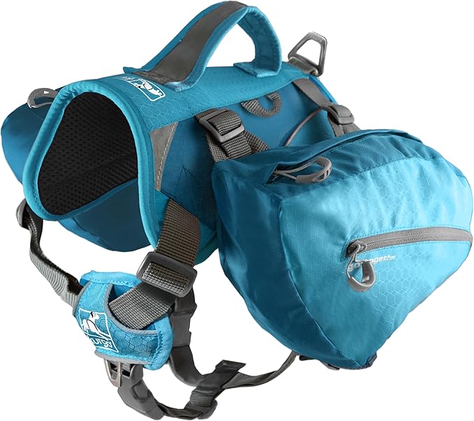 Kurgo Big Baxter Dog Backpack, Dog Saddlebag Pack for Pets, Adjustable Saddlebag for Hiking, Walking, Running, Camping, Coastal Blue-Mewly Pet