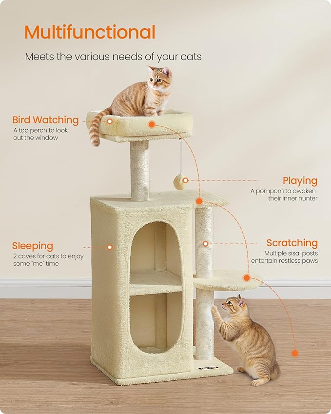Feandrea Cat Tree Tower with 2 Caves for Multi-Cat Households, Kittens, Scratching Posts, Sand Beige UPCT005Y01-Mewly Pet