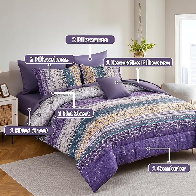 Boho King Size Comforter Set 8 Pieces, Violet Bohemian Striped Bed in a Bag, Paisley Soft Microfiber Bedding Comforter Set