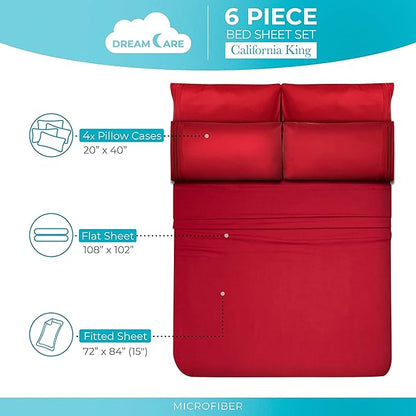 DREAMCARE California King Sheet Sets – 6 pcs Cooling Bed Sheets – up to 15” Deep Cal King Sheets – 2500 Supreme Collection – Extra Soft 100% Brushed Microfiber Hotel Luxury with Side Pocket – Burgundy