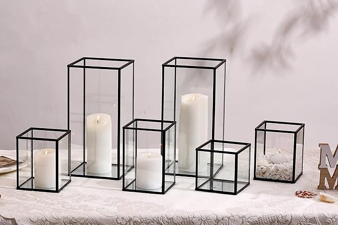 Phosphor 6 PCS Glass Hurricane Candle Holder, Black Glass Candle Holder for Wedding Party Christmas Or Home Decor