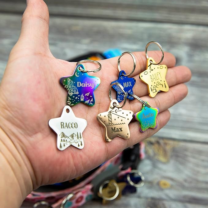 Personalized Dog Tag with 5 Lines of Custom Deep Engraved Durable Stainless Steel Pet ID Name Tag Designer Small Size Star-Mewly Pet