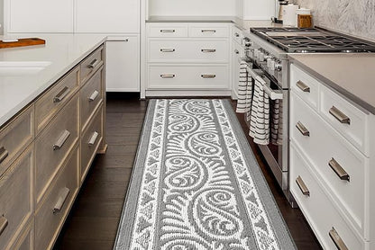 Custom Length Cut to Size Tribal Ethnic Southwestern Inspired Hallway Runner Rug, Non Slip Rubber Backed, 31 inch Wide X Customized Length, Mayan Grey, 31 inch X 10 feet