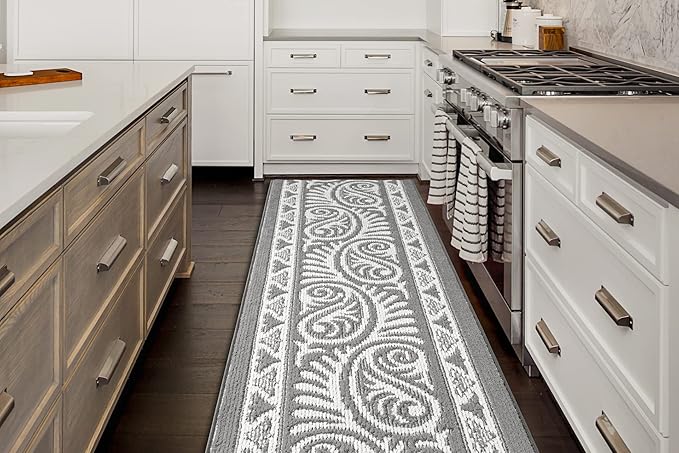Custom Length Cut to Size Tribal Ethnic Southwestern Inspired Hallway Runner Rug, Non Slip Rubber Backed, 31 inch Wide X Customized Length, Mayan Grey, 31 inch X 20 feet