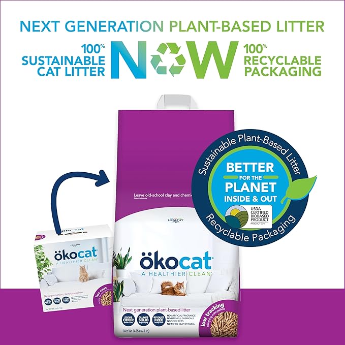 ökocat Less Mess Low Tracking Wood Clumping Cat Litter Mini- Pellets, Unscented, 21.5 pounds - Natural Ingredients, Stops Odor, Clumps Solid, 99% Dust Free, Great for Long-Hair Breeds-Mewly Pet