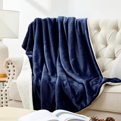Walensee Sherpa Fleece Blanket (Throw Size 50”x60” Navy) Plush Throw Fuzzy Super Soft Reversible Microfiber Flannel Blankets for Couch, Bed, Sofa Ultra Luxurious Warm and Cozy for All Seasons