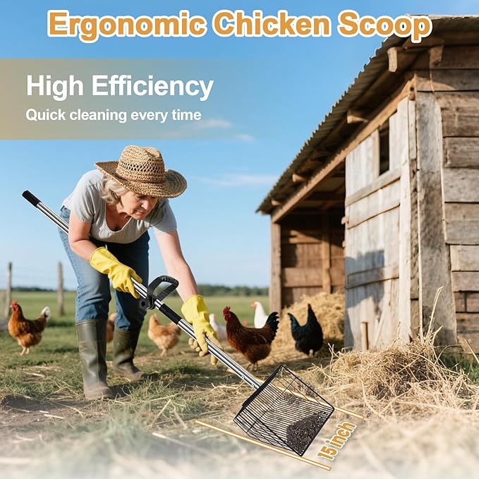 15" Chicken Poop Scooper & Rake, Metal Chicken Coop Scoop for Poop with 24 to 68" Adjustable Stainless Steel Handle, Litter Scooper Sifting Shovel Chicken Coop Accessories-Mewly Pet