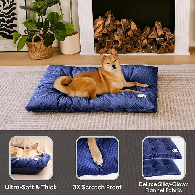 FUNNY FUZZY 2 in 1 Dog Bed Crate Pad Mat, Washable Reversible Pet Floor Mats,Fluffy Kennel Pad for Small Large Sized Dog,Indoor Cats,Sleeping Mattress, 23.6" × 17.9", Midnight Blue-Mewly Pet
