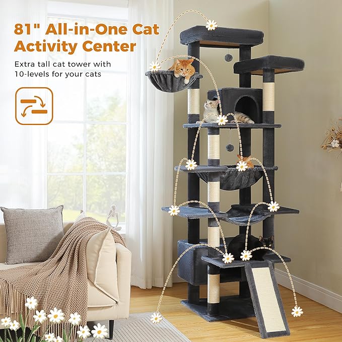 81 Inch Tall Cat Tree for Big Cats & Multi-Cat Homes, Large Heavy Duty Cat Tower with Metal Frame Hammock, 6 Scratching Posts, 2 Condos, 2 Perches, Scratching Pad - Dark Grey-Mewly Pet