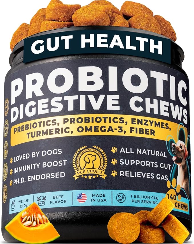 Probiotics for Dogs - PhD Endorsed Digestive Enzymes - Gut Health, Diarrhea & Bowel Support - Dog Treats with Turmeric, Omega-3 & Fiber - Immune Soft 140 Chews - Beef Flavor - Made in USA-Mewly Pet